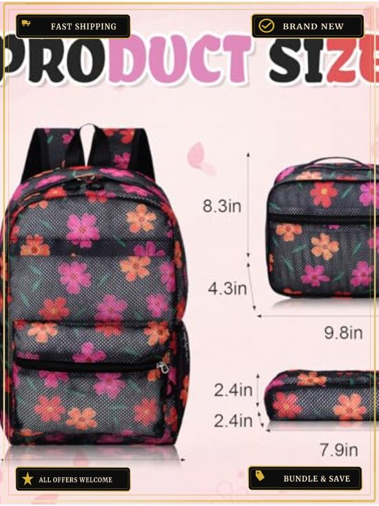 Mesh Backpack Set with Lunch Bag Pencil Case, 3 Piece, Polyester, Travel Beach main image 4